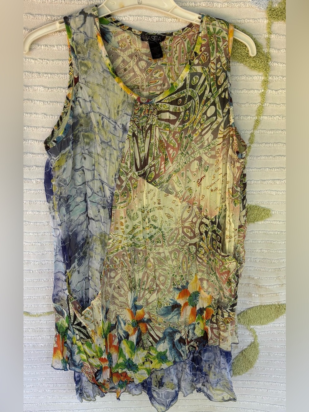 VASNA Sleeveless Crinkle Mixed Media Print Dress Asymmetrical Hem Pockets Sz MP